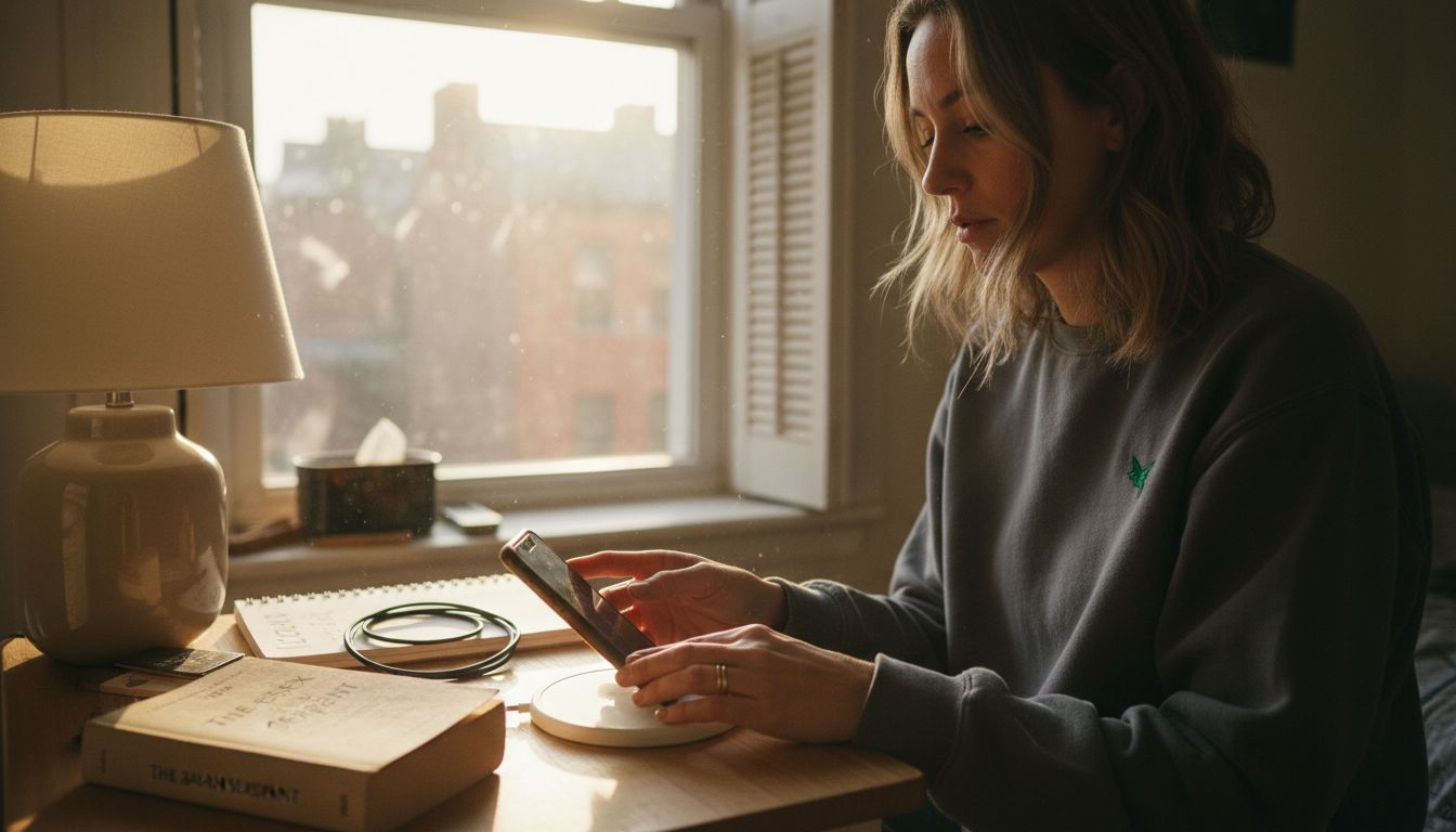 Woman aligning phone on bedside wireless charger