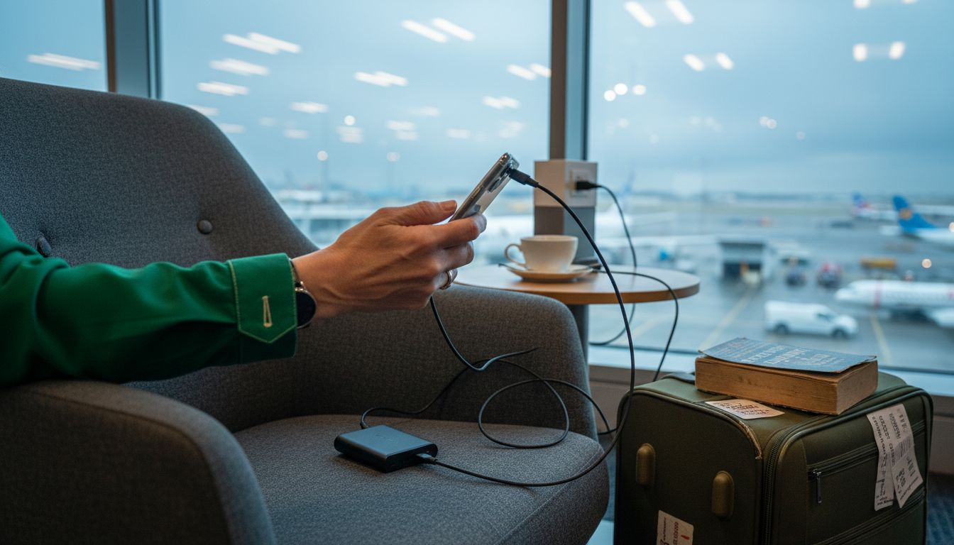 Traveler using power bank to charge iPhone