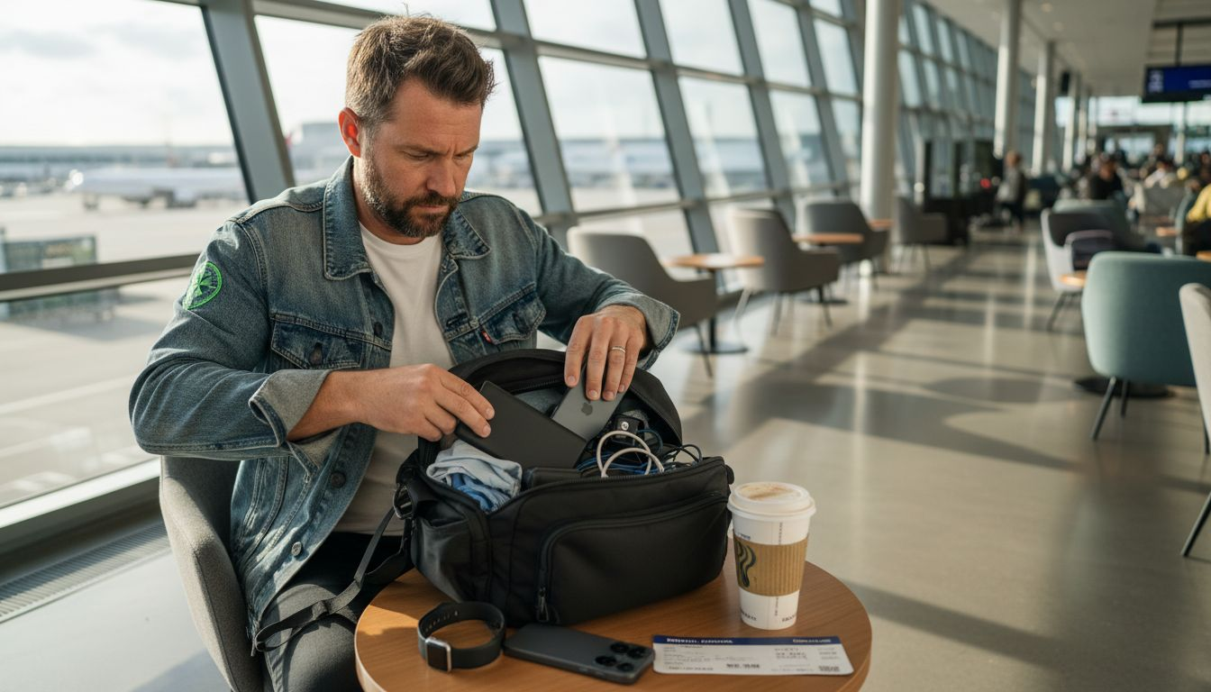 Traveler packs wireless charger in airport lounge