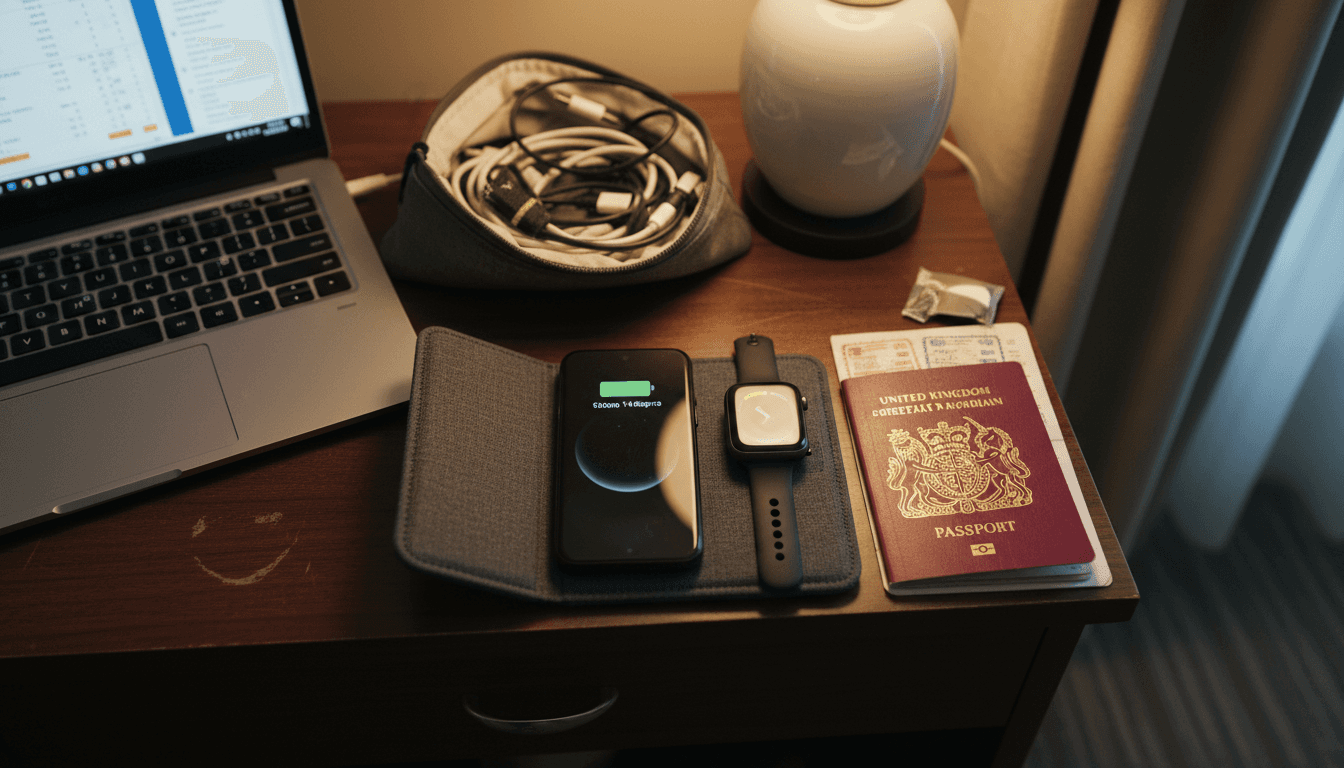 Compact pad charging iPhone and Watch in hotel room