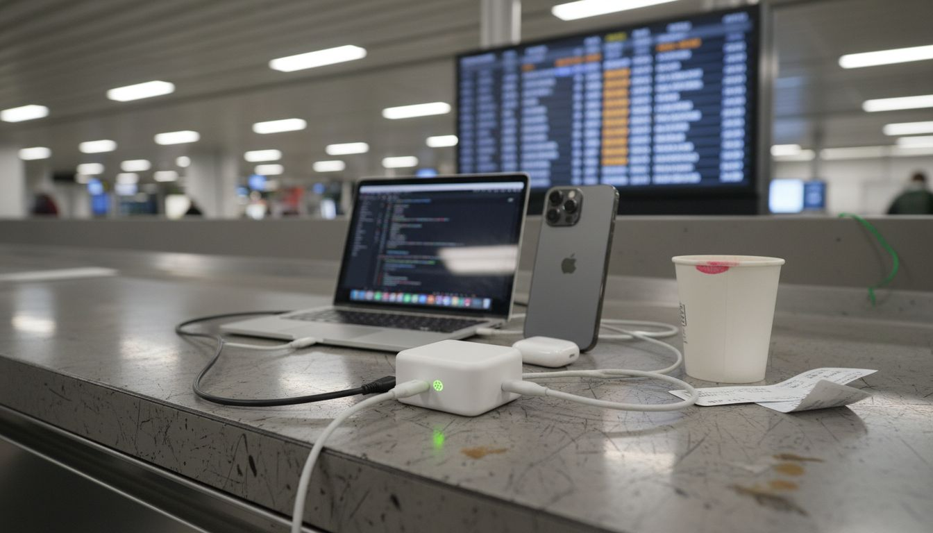 GaN adapter charging laptop and phone at airport