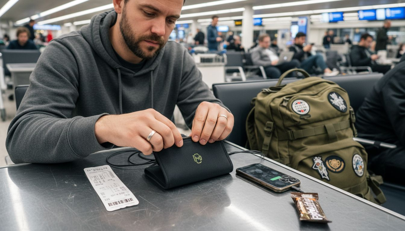 Traveler packing wireless charger in airport