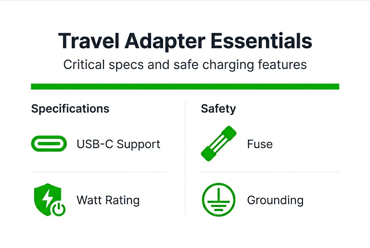 Infographic travel adapter specs and safety