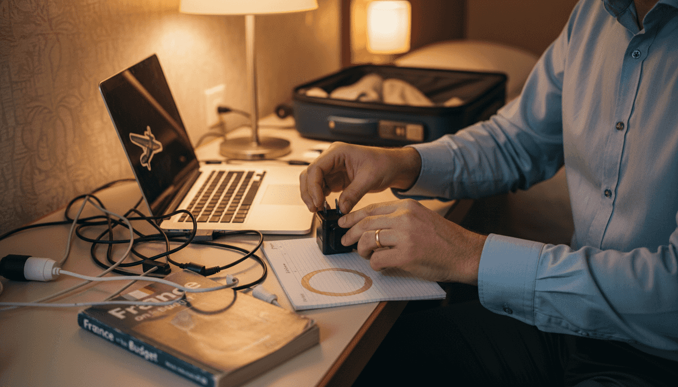 Man configuring universal travel adapter