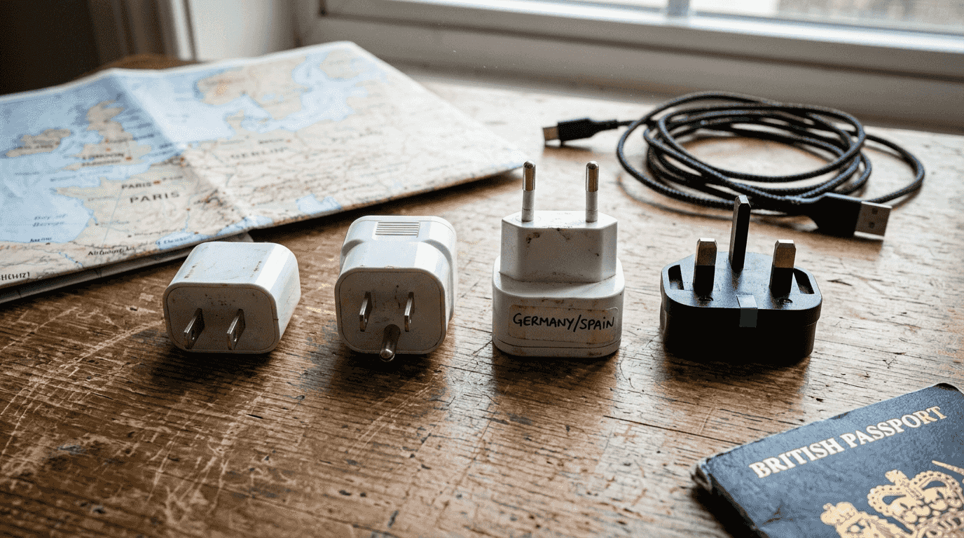 Assorted travel adapters on worn desk