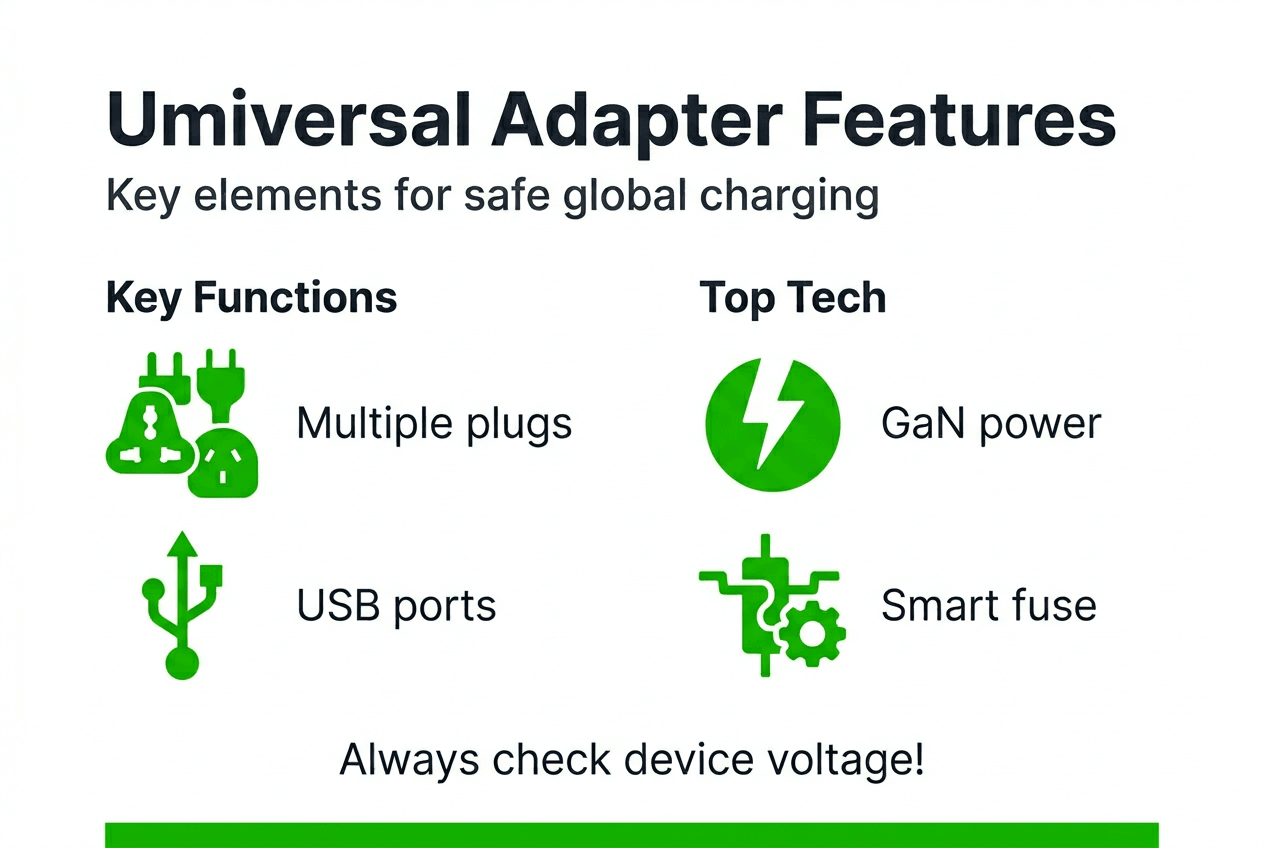 Infographic showing universal travel adapter features
