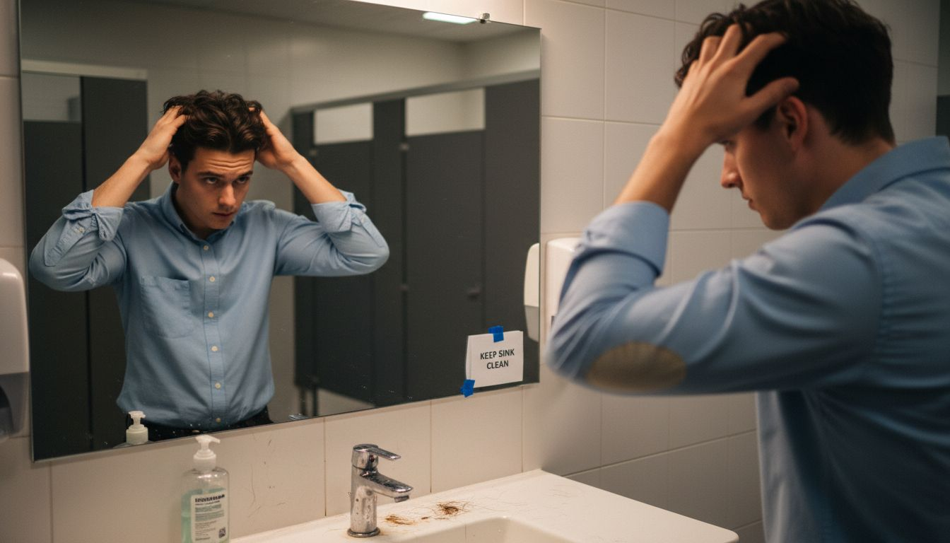 Man checking hair volume and density
