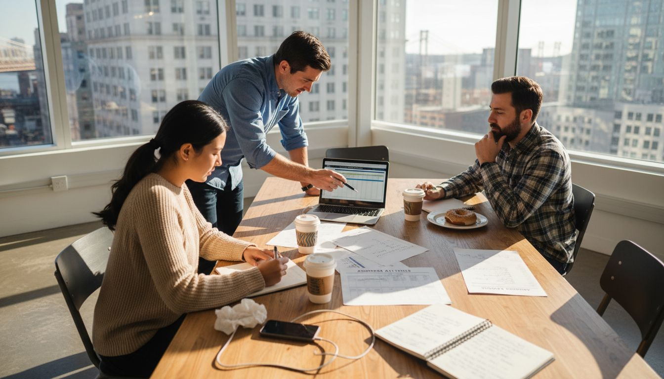 Team in office discussing AI tool list