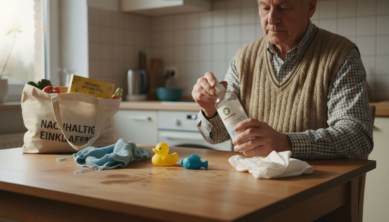 Ein Mann testet ein umweltschonendes Reinigungsmittel auf seine Wirksamkeit.
