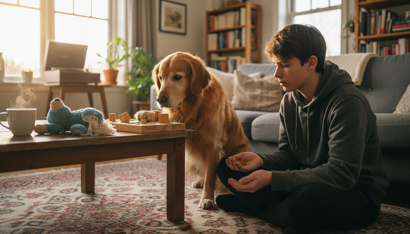 Beim Training im Wohnzimmer tüftelt der Hund an seinem Intelligenzspielzeug.