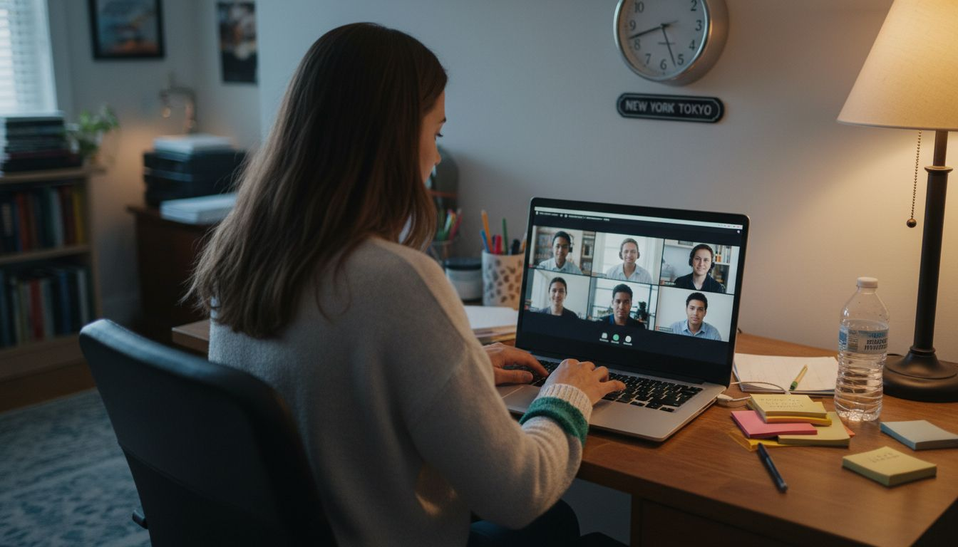 Woman in video call with global colleagues