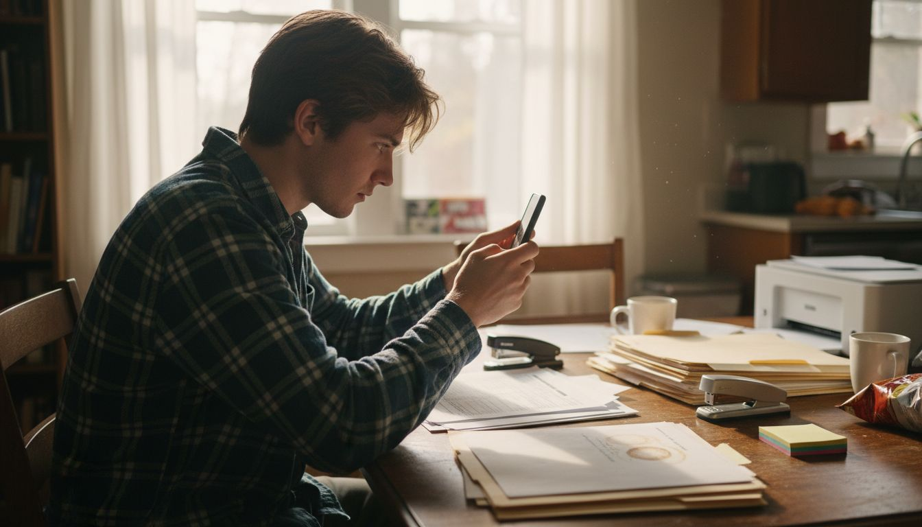 Student scanning documents in messy workspace