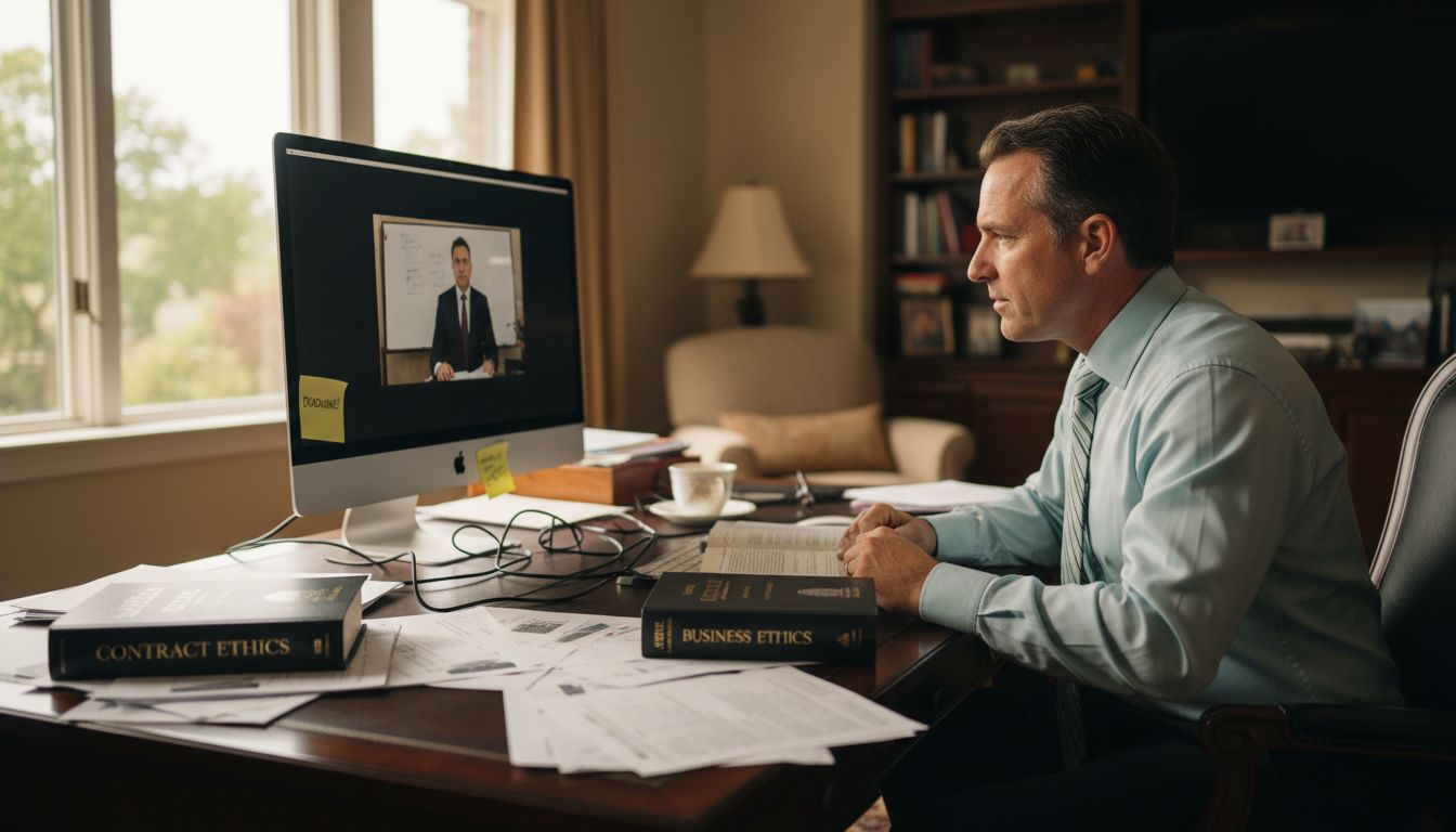 Mid-career executive studying at home desk