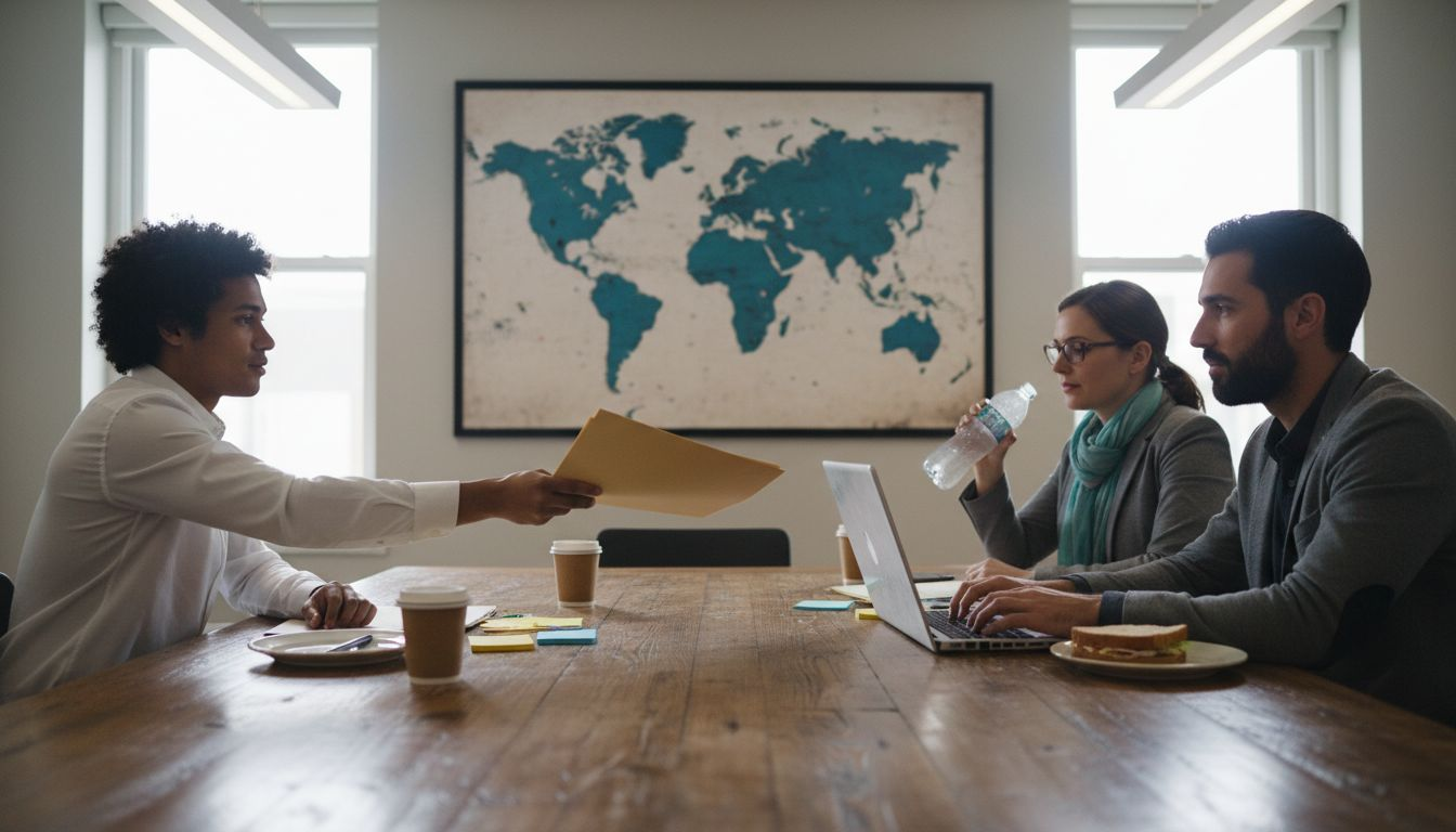 Team meeting in conference room with world map