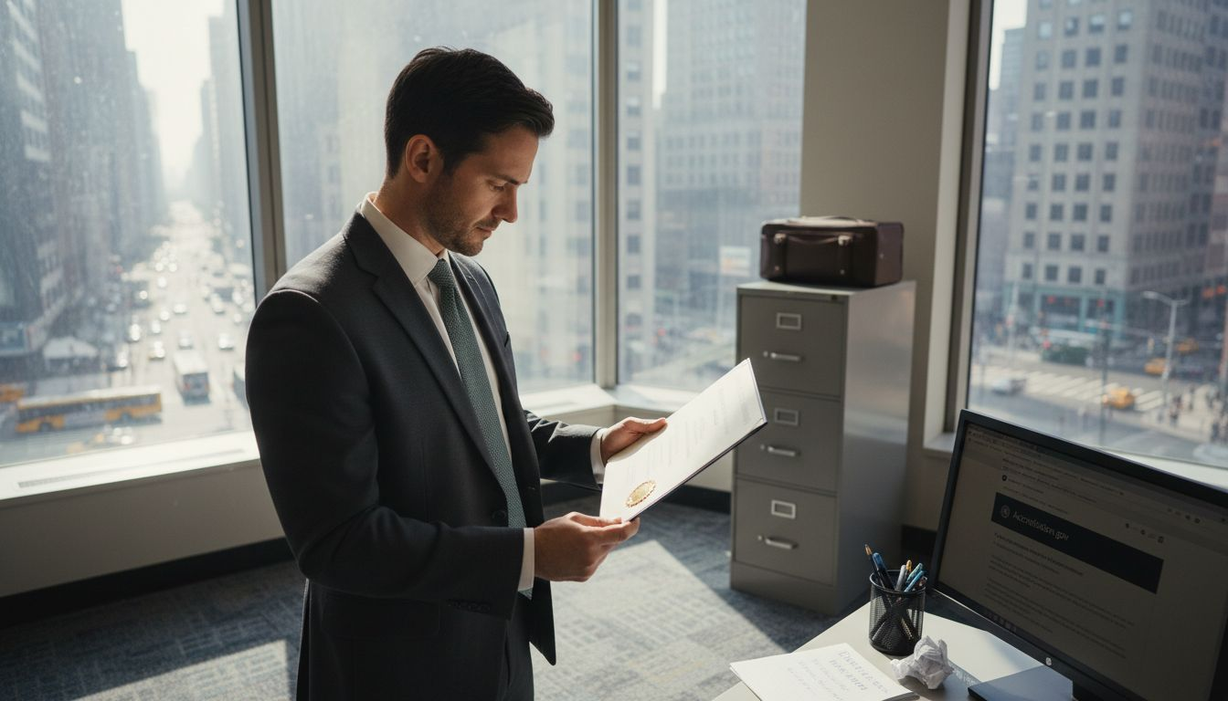 Man reviewing diploma in city office