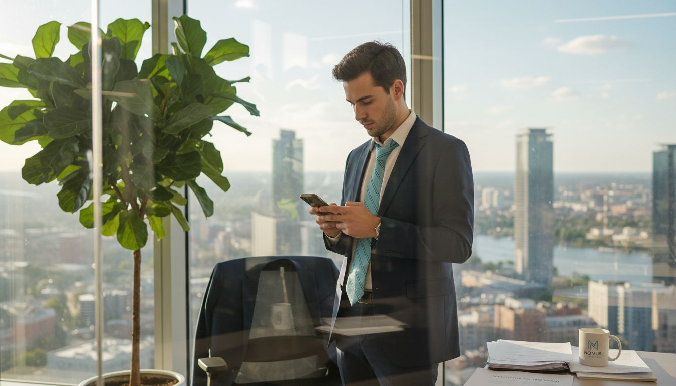 Business graduate checks email in office