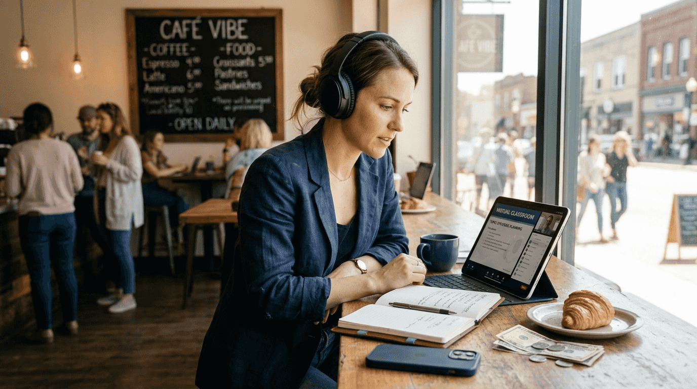 Professional joining online class at café