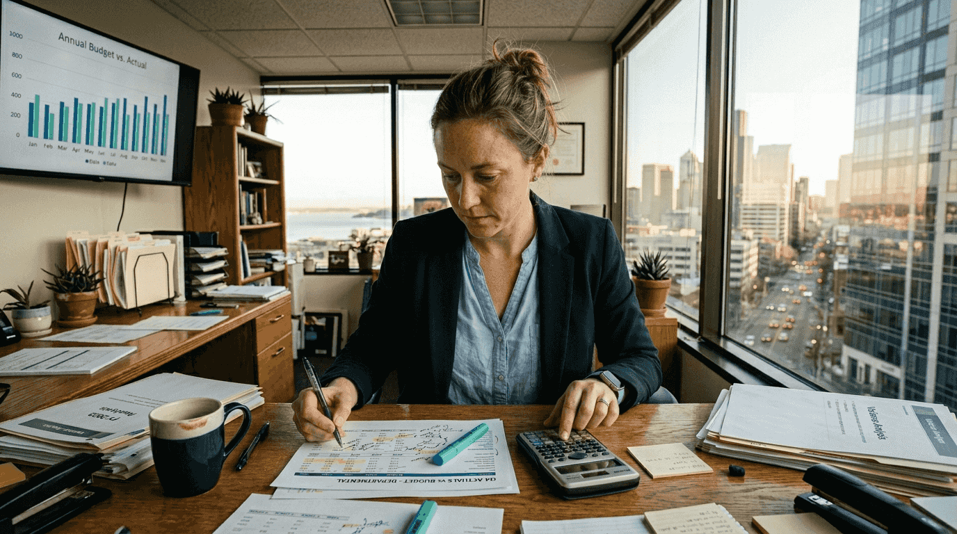 Financial analyst reviewing budget documents
