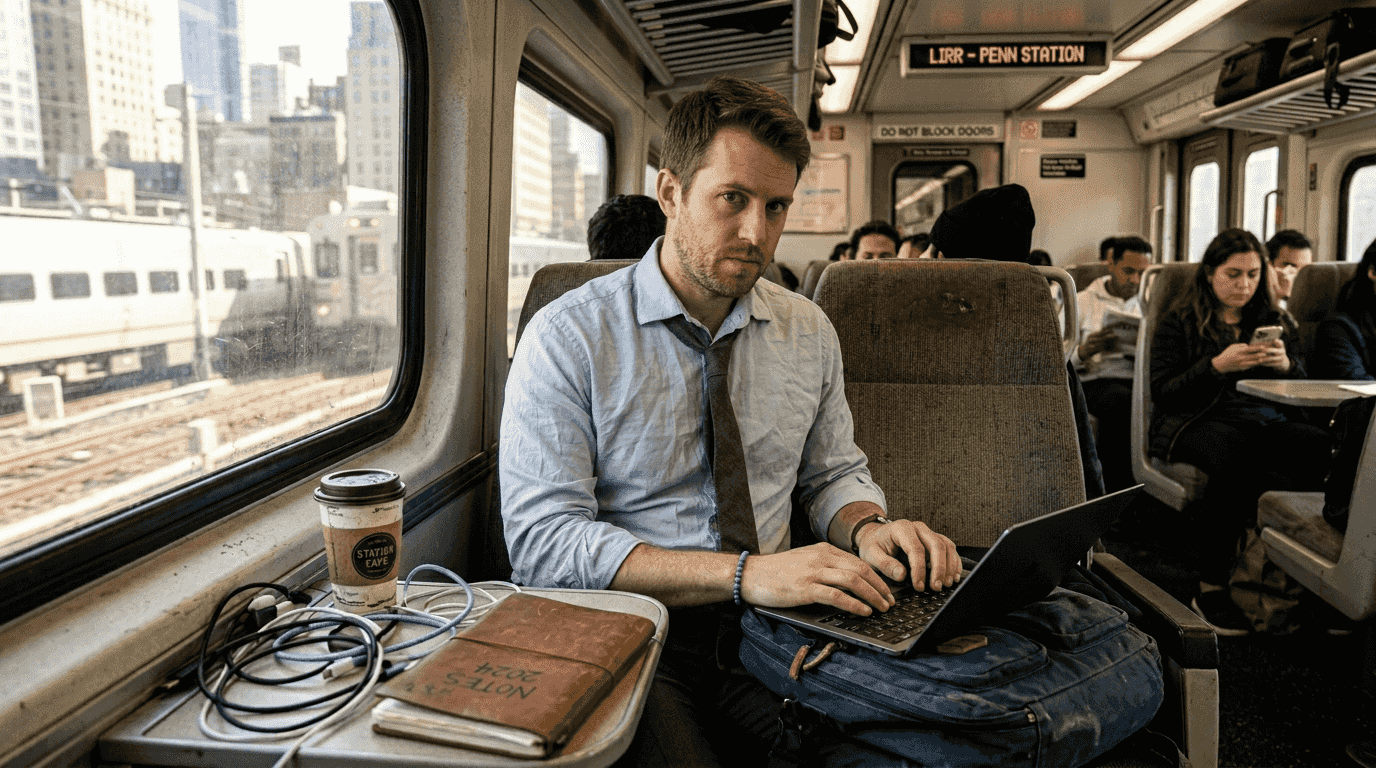 Professional studying on commuter train with laptop