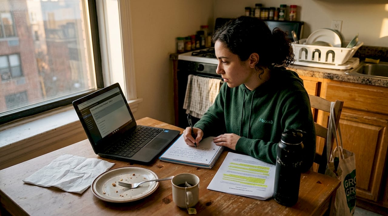Student attending intensive online course at kitchen table