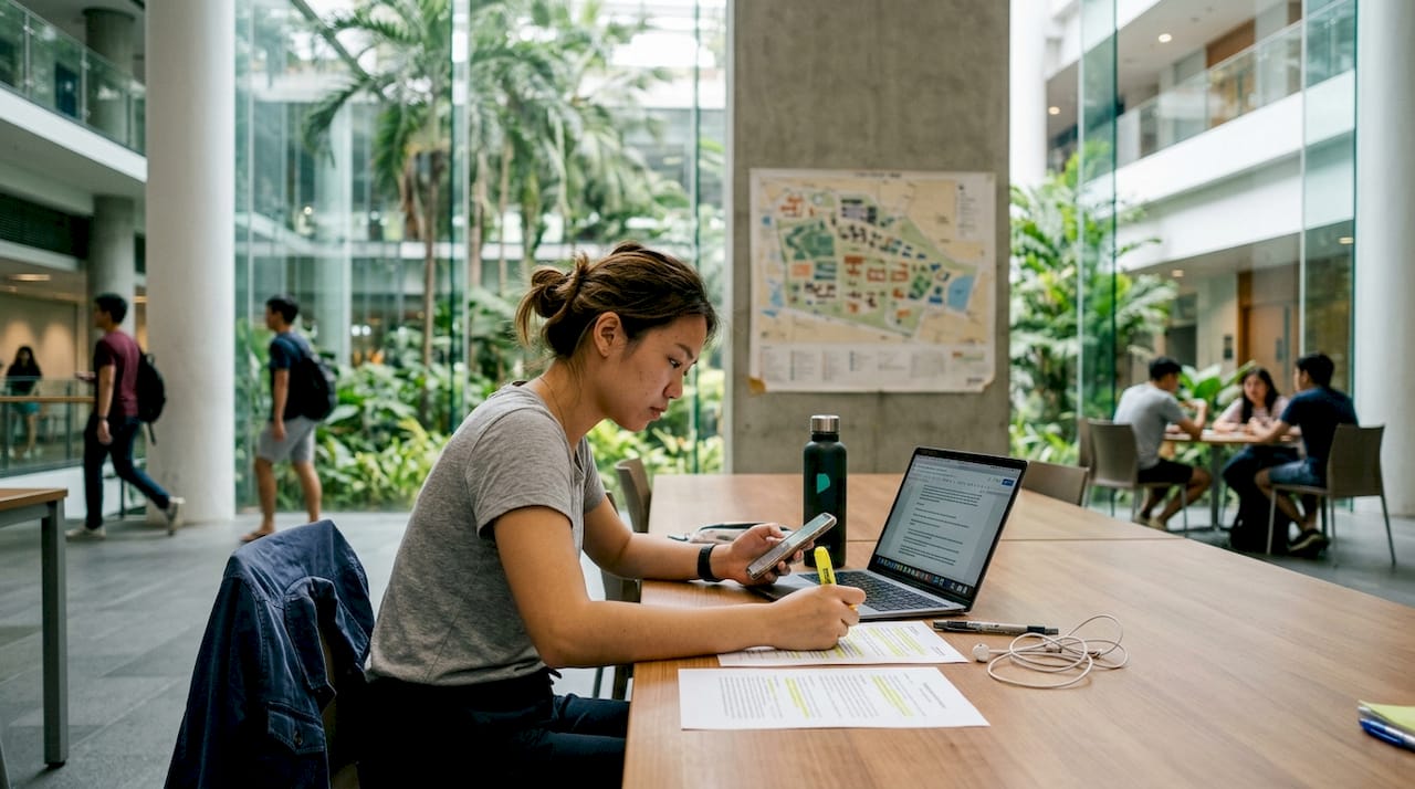 Student studying in sunlit Singapore university atrium