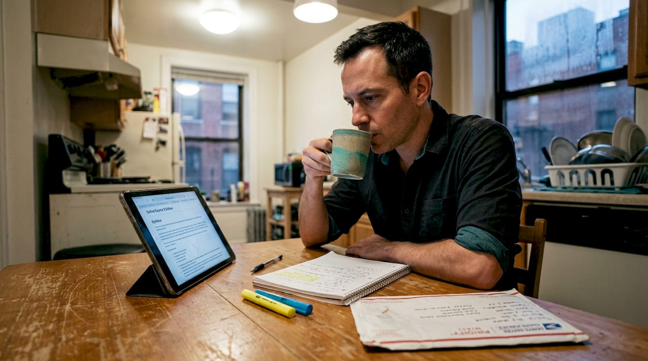 Professional reviewing online program details at kitchen table