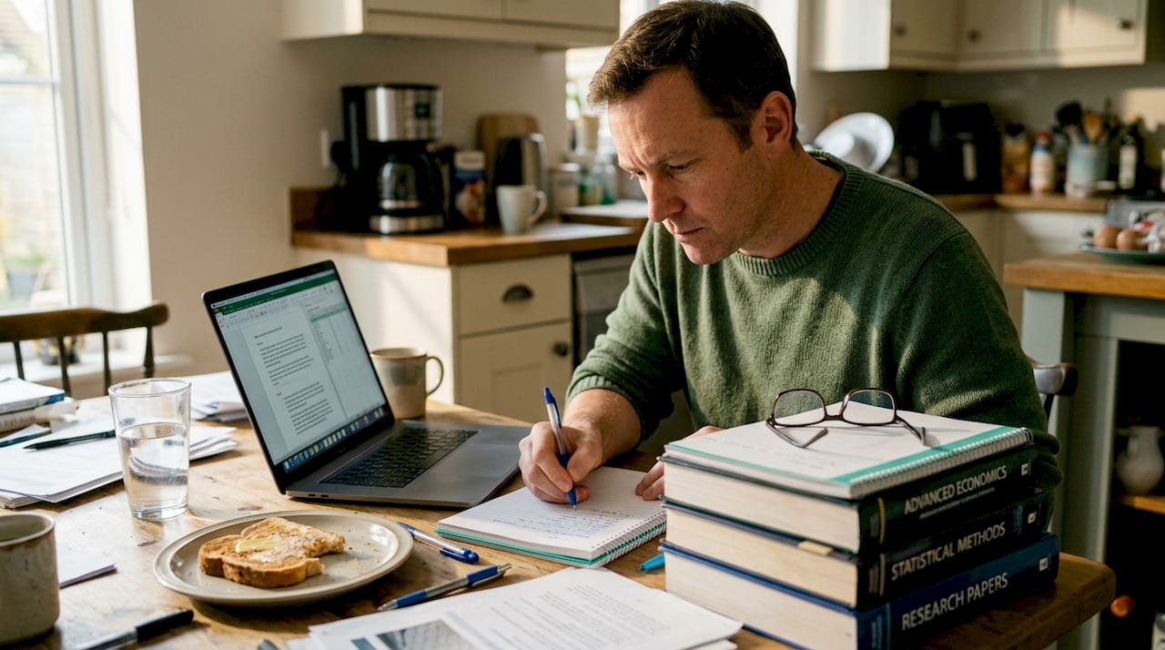 Adult learning online with kitchen table workspace