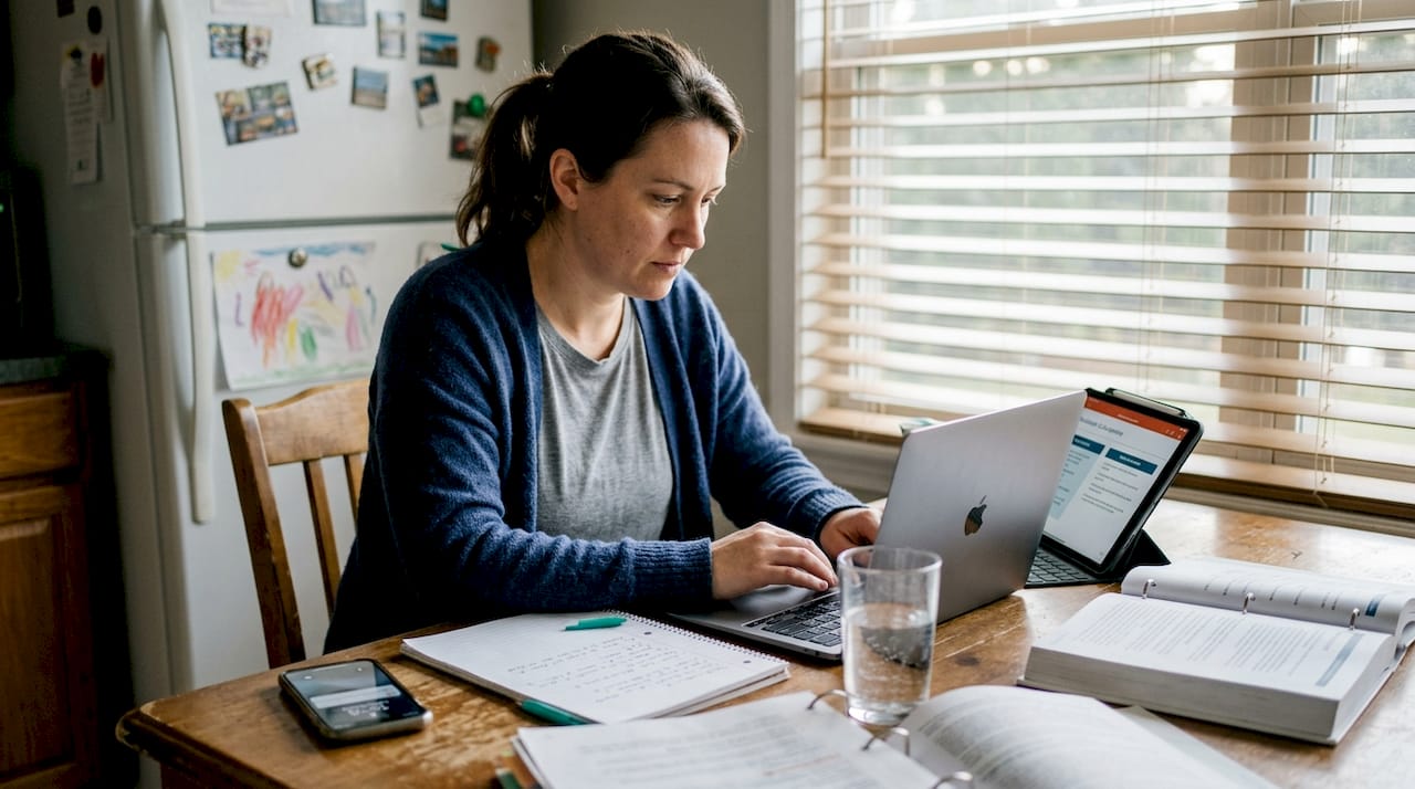 Adult learner studying at kitchen table workspace