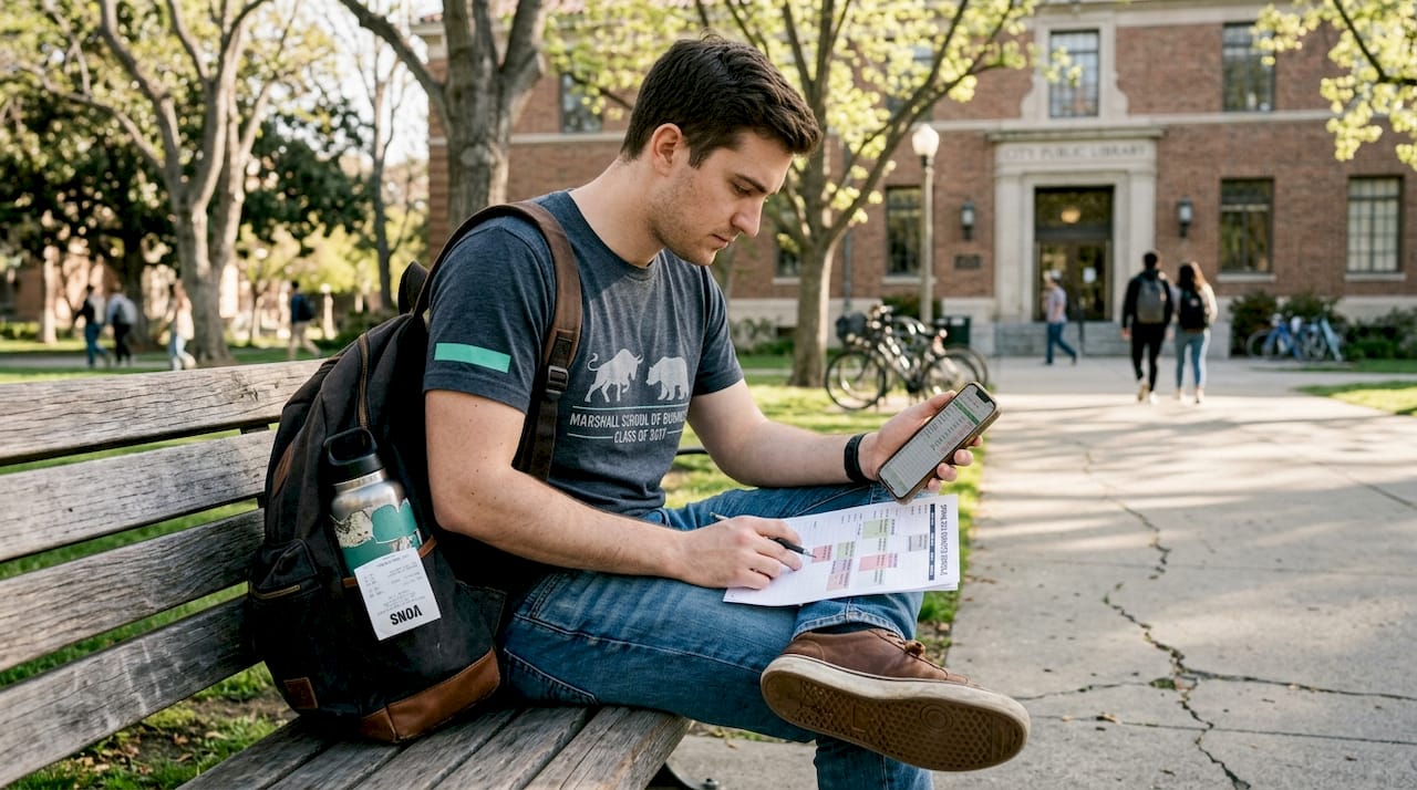 Student tracking expenses and schedule on bench