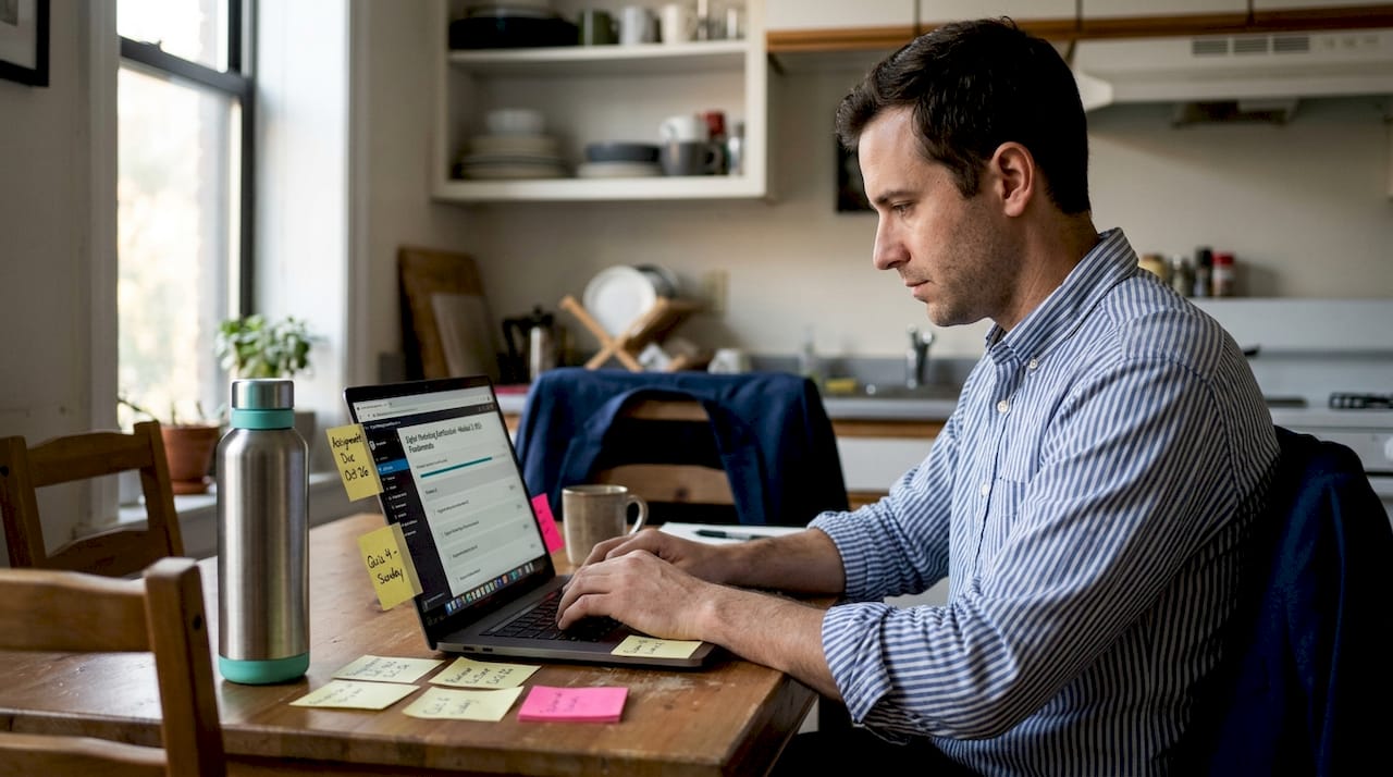 Man completes fast-track degree online at kitchen table