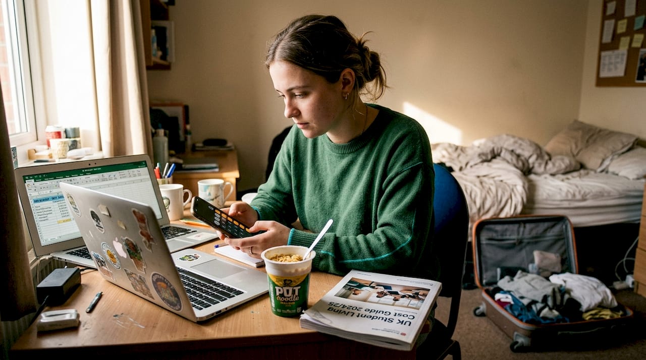 Student reviewing UK university finances in bedroom