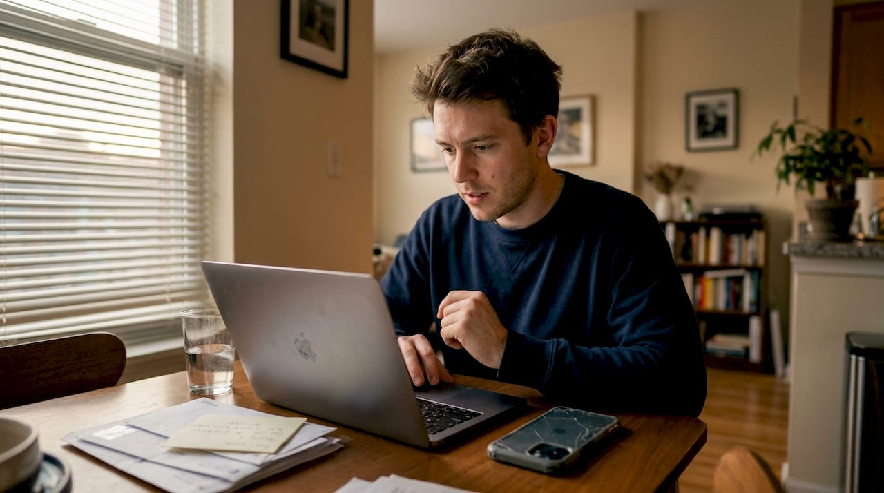 Man checking MBA application status at table