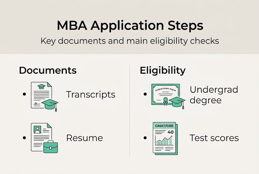 Infographic showing MBA application steps and documents
