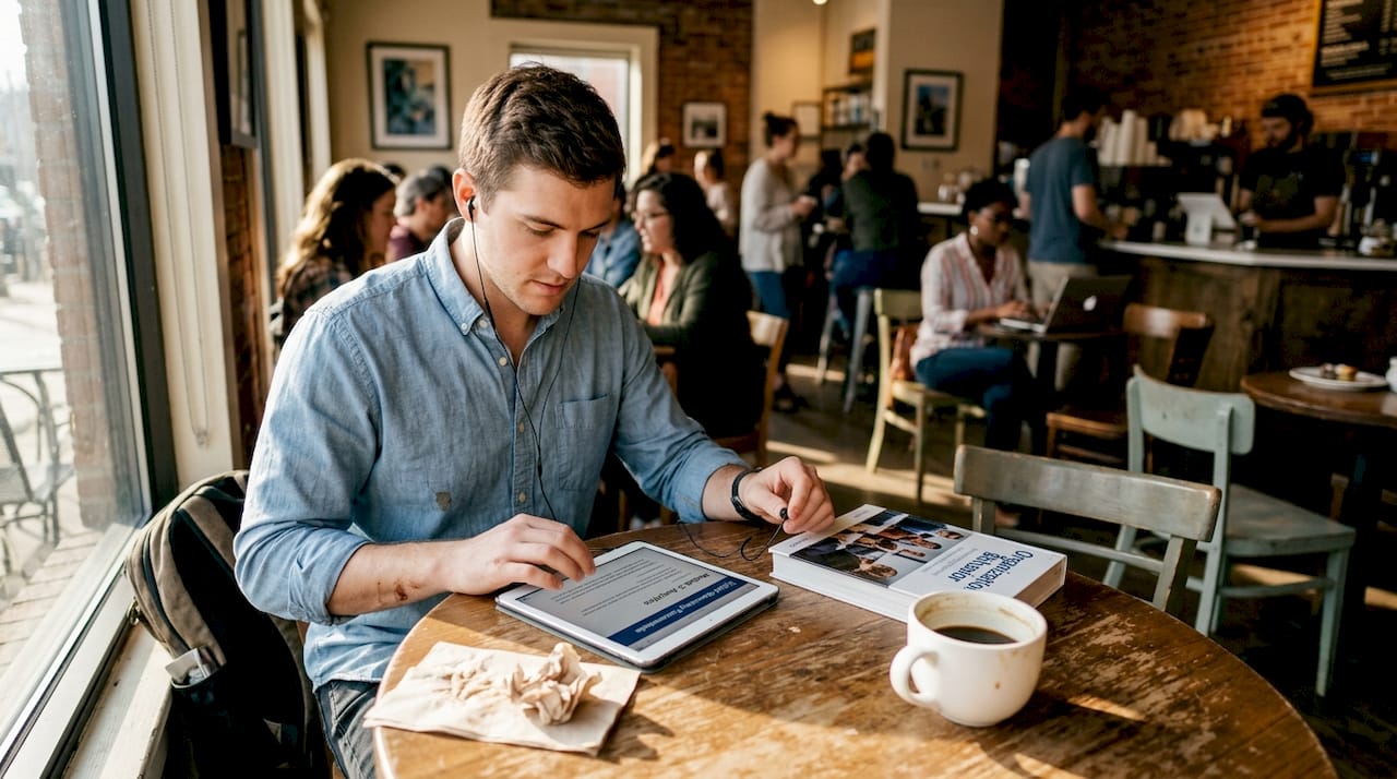 Man researching management diploma in café