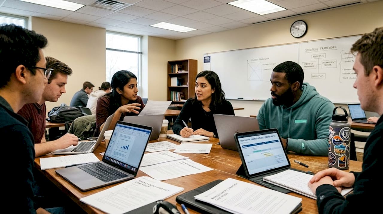 Students work on business case study project