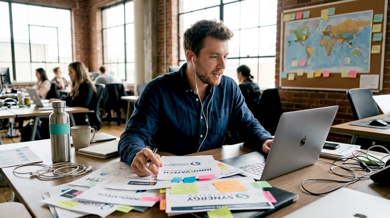 Man works remote accounting global workspace