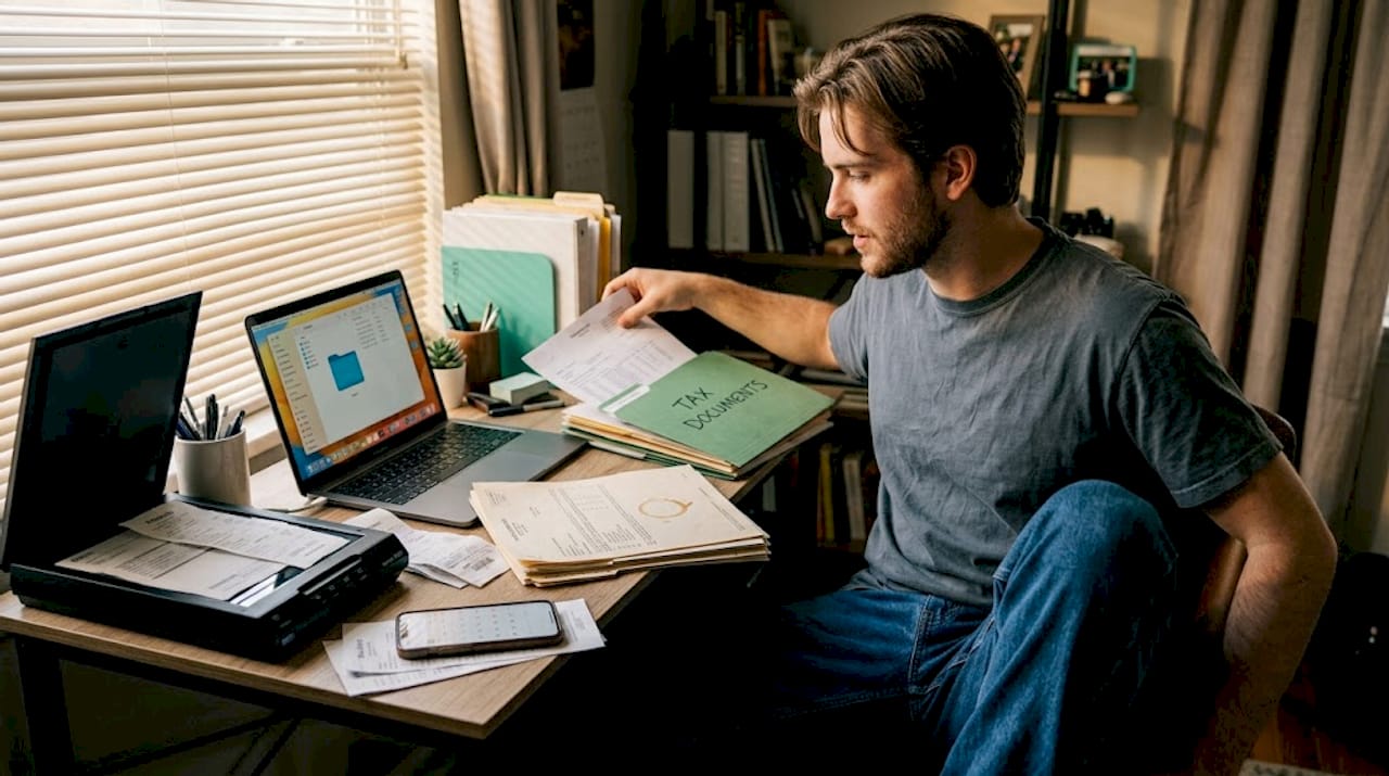 Student organizing documents for visa application