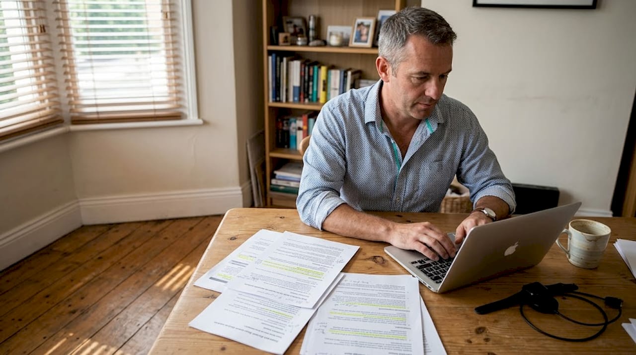 Man reviewing qualification requirements at home office desk