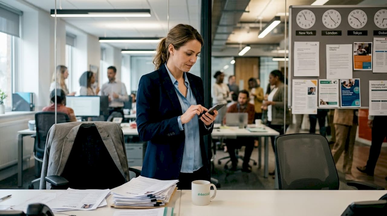 Professional working in busy multinational office