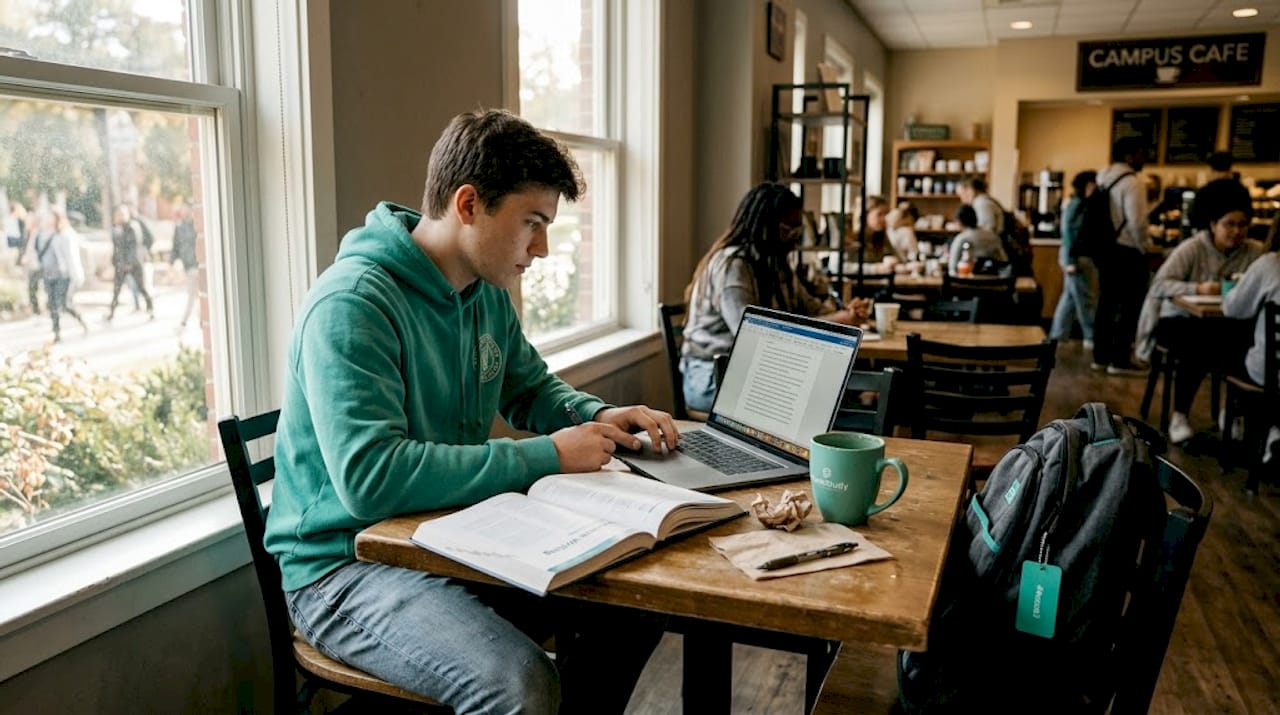 Student revising English essay in café