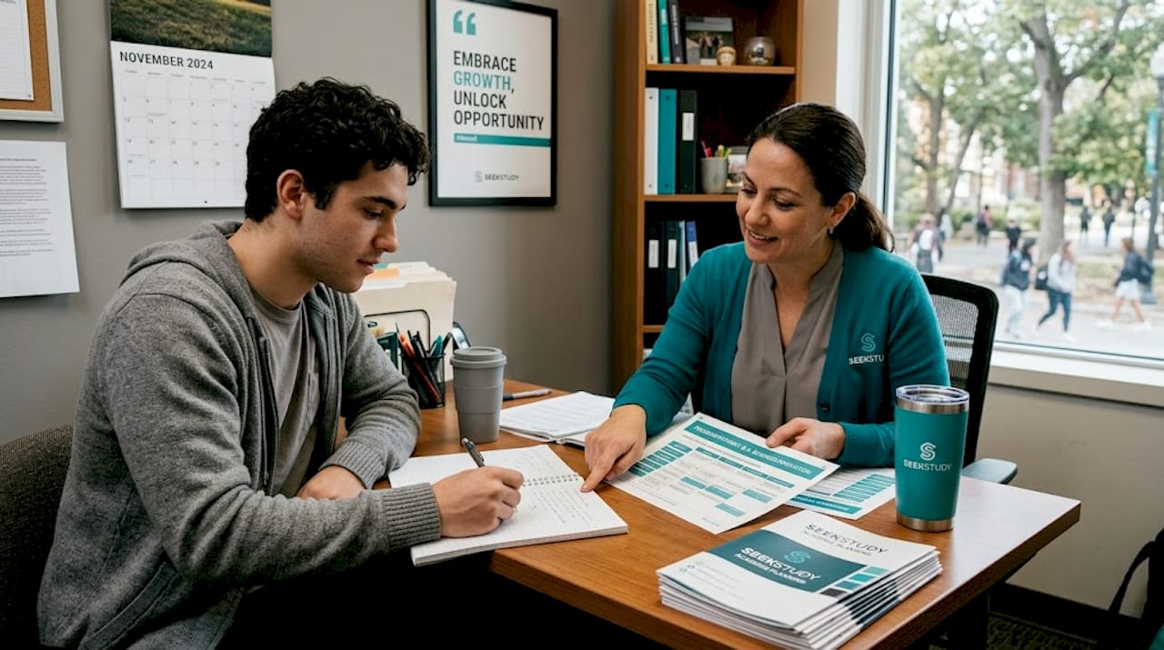 Student consulting advisor about study pathways