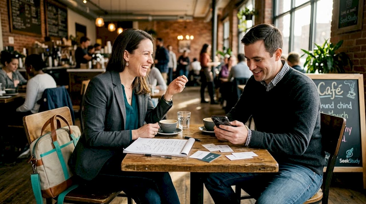 Alumni networking over coffee in busy café