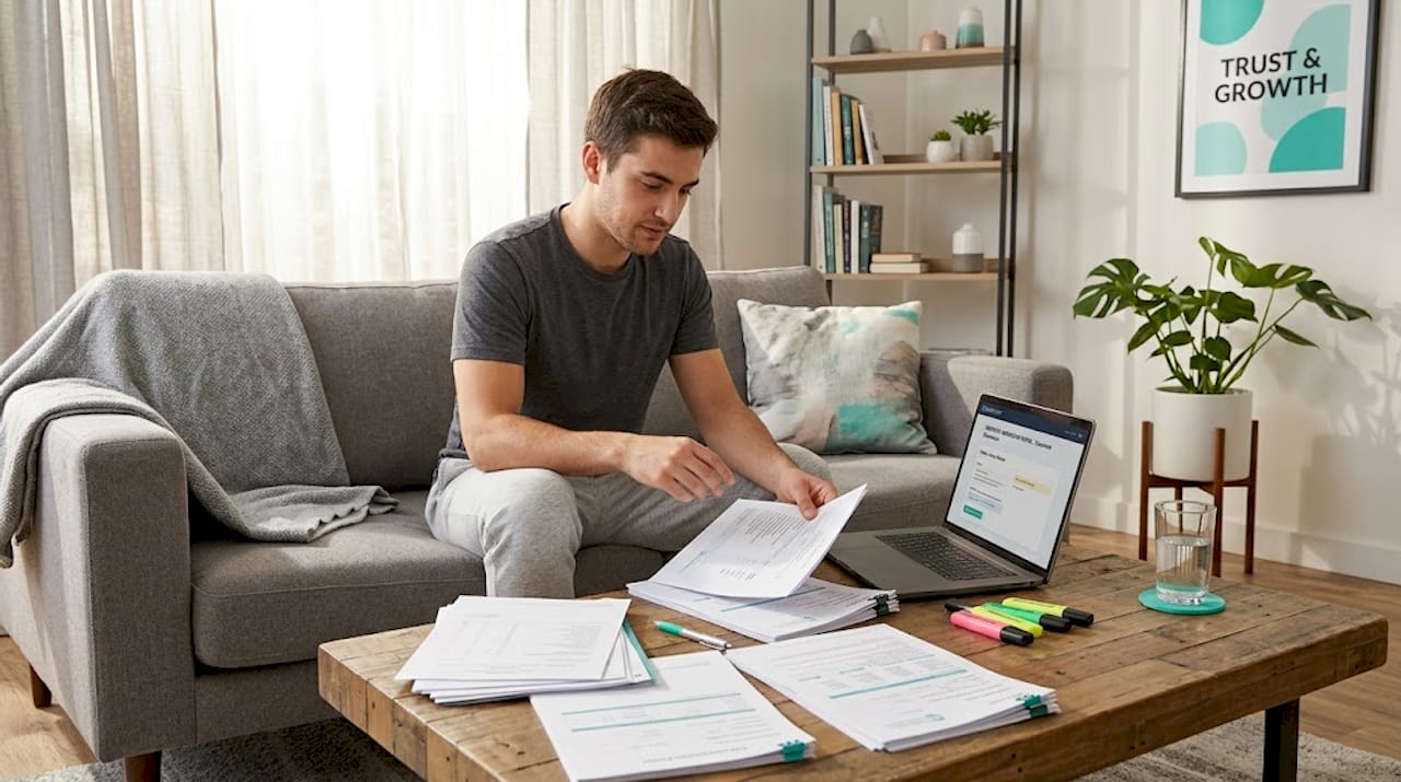 International student organizing admissions documents on couch