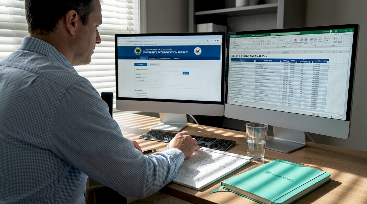 Man comparing degree accreditation standards online