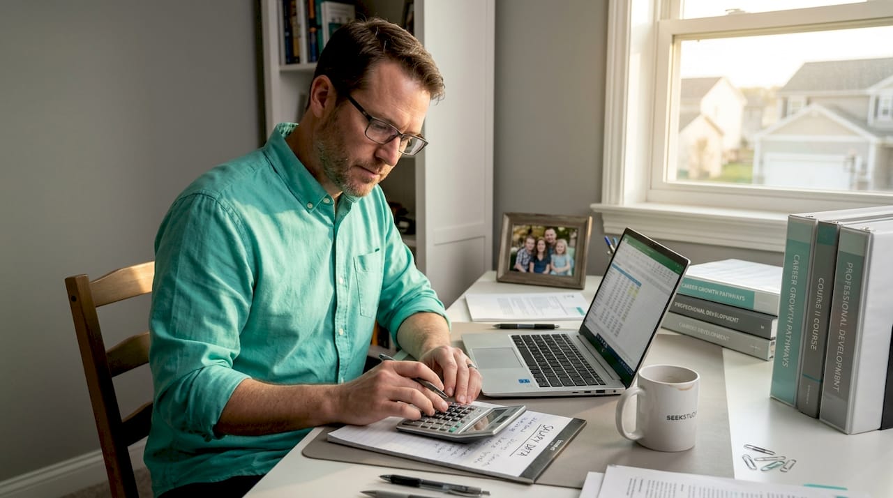 Mid-career accountant reviews data at home desk