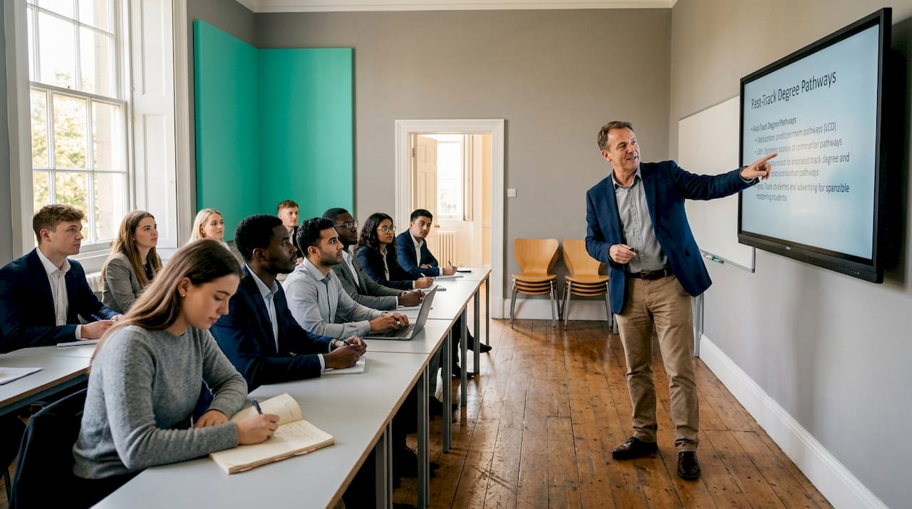 UK business school lecture on fast-track degrees