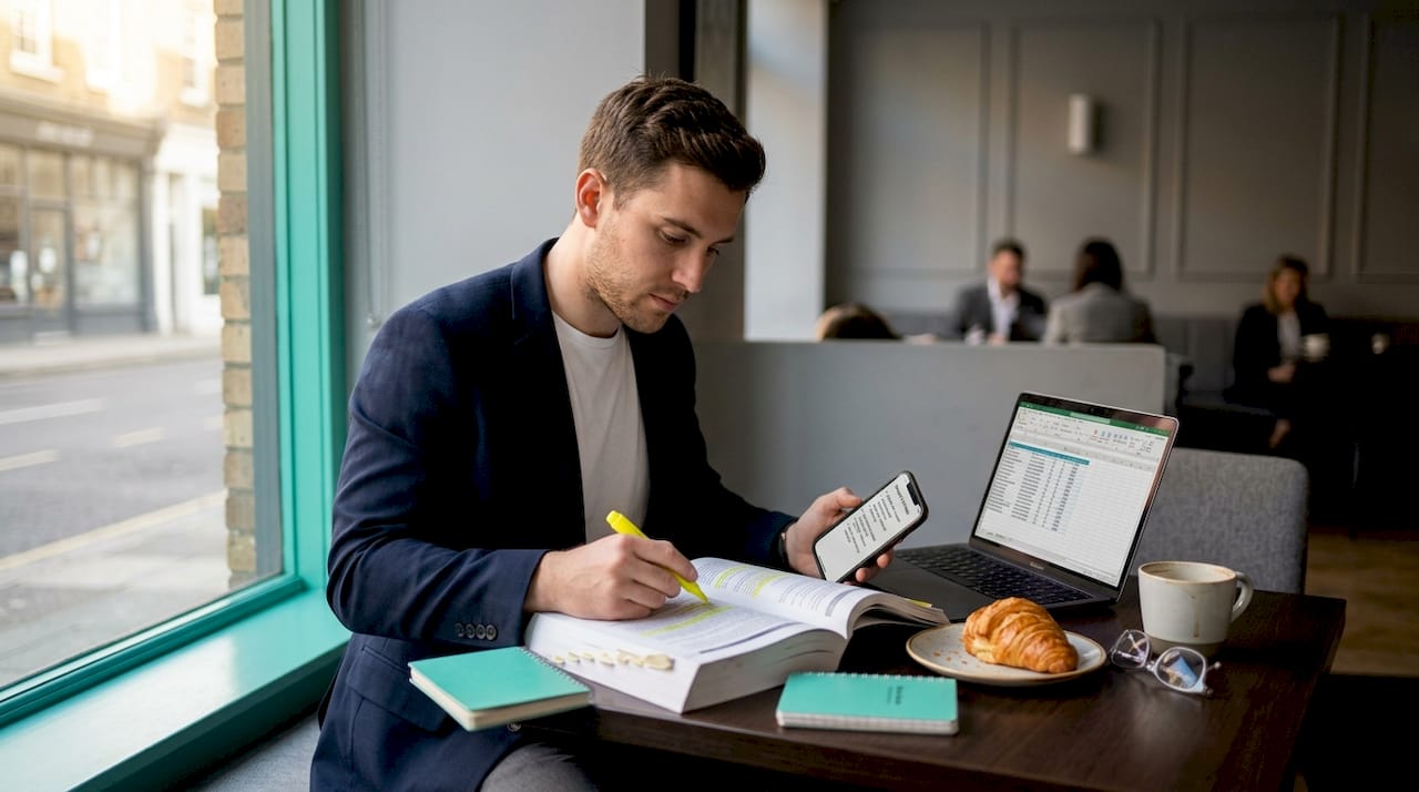 Man studying MBA prep book in café