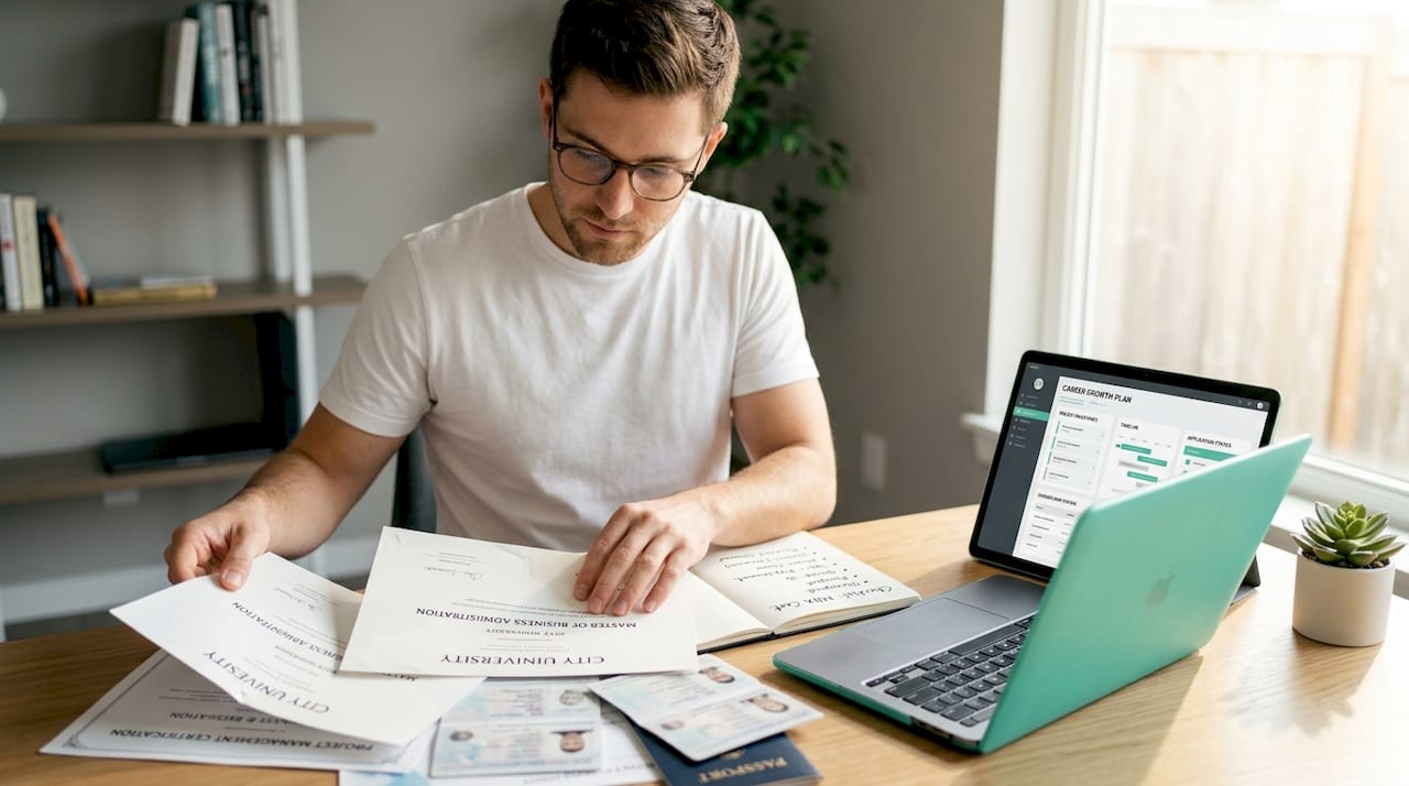 Student organizing documents for UK university application