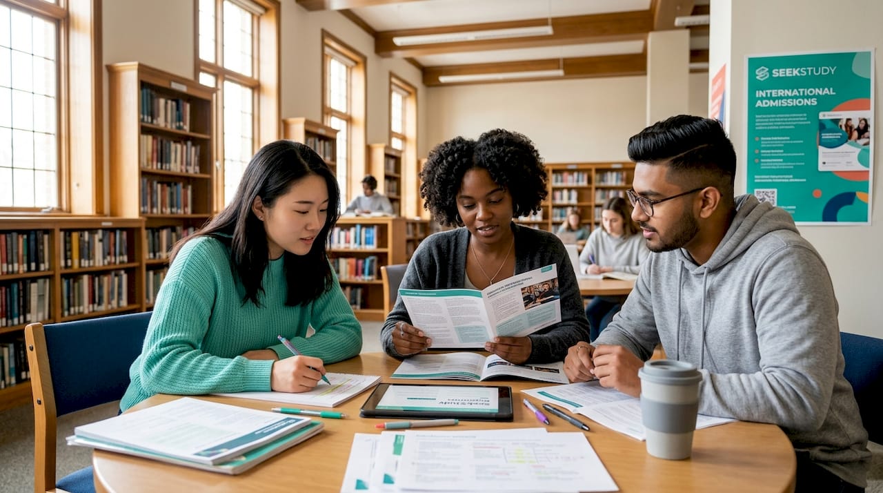 International students reviewing university prep brochures