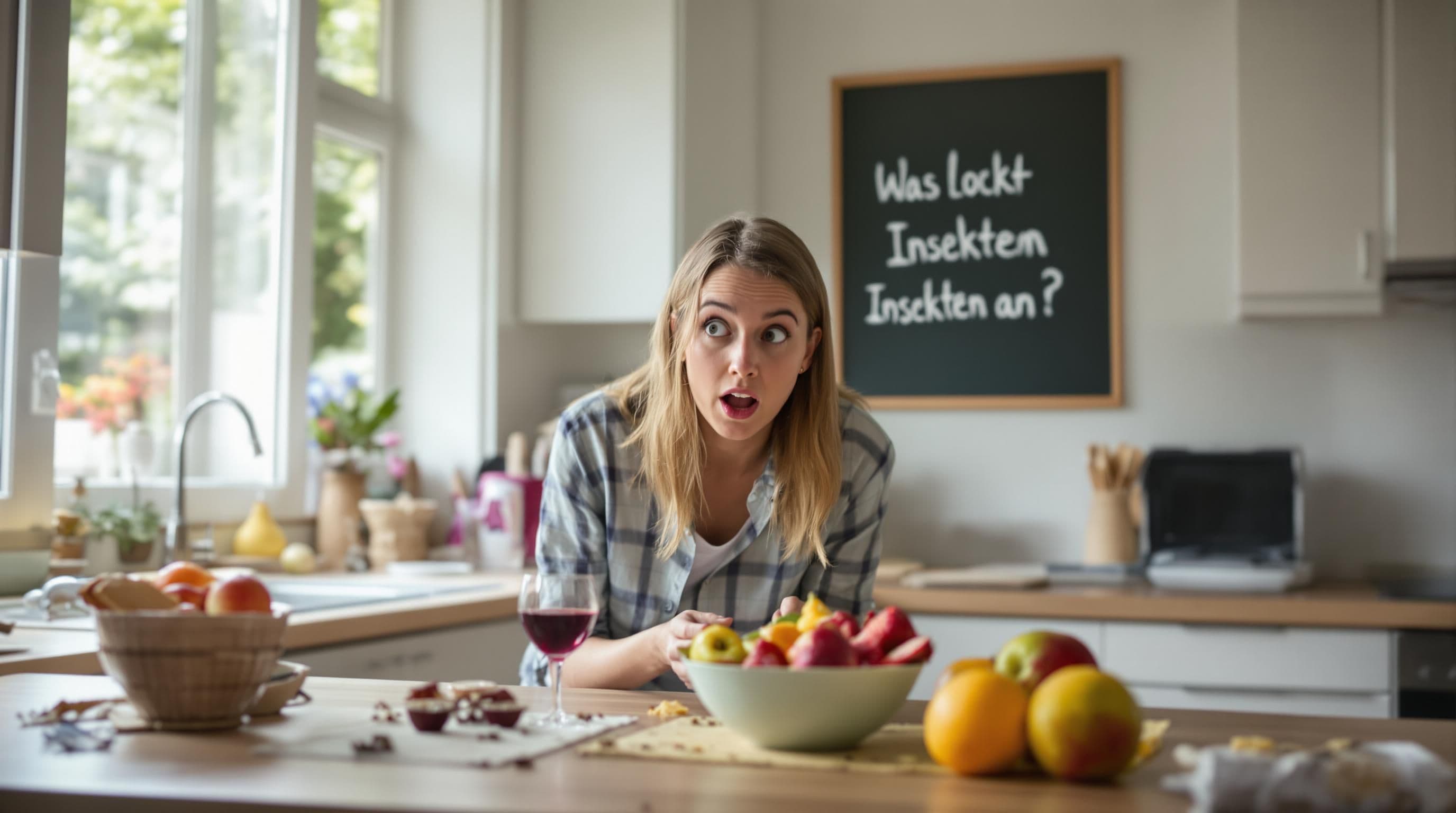German kitchen with exposed food attracting insects, surprised woman noticing ants and flies